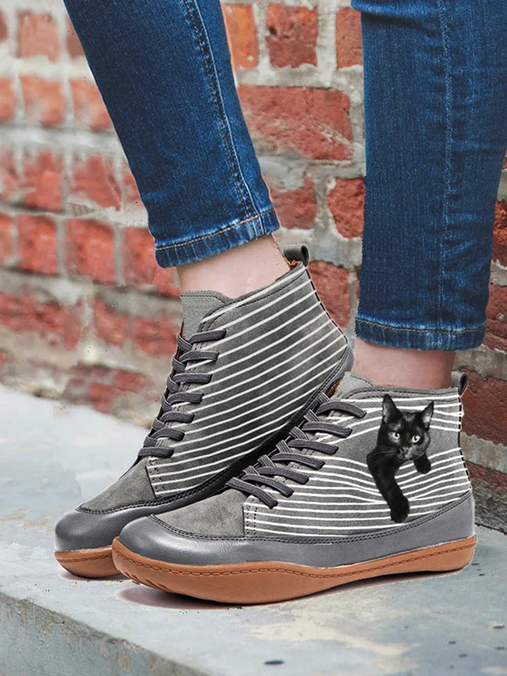 Women's Synthetic Leather Cat Print Ankle Boots Autumn Casual Shoes