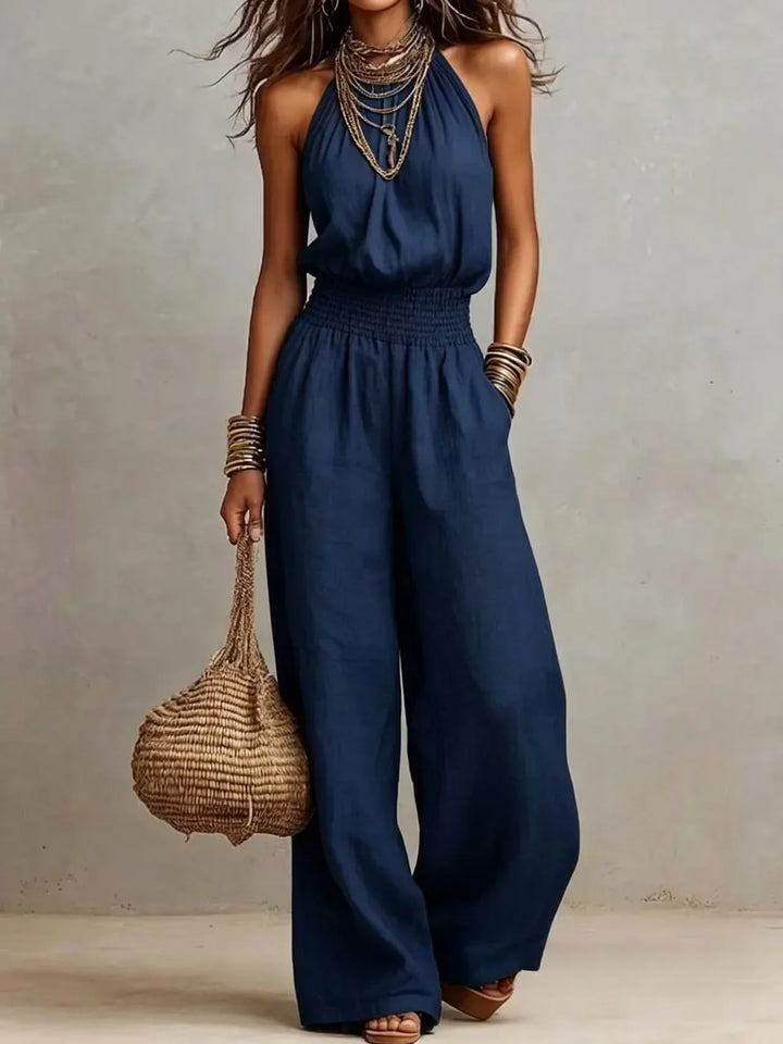 Women's Sleeveless Wide-Leg Jumpsuit with Halter Neck for Autumn Casual Wear