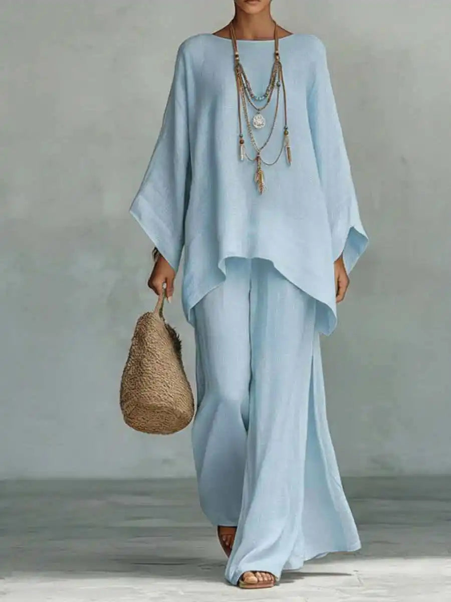 Women's Two-Piece Set with Asymmetrical Top and Wide-Leg Pants for Autumn