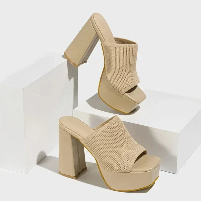 Women's Knit Platform Block Heel Sandals Spring Open Toe Slip-On Mules Chunky Heeled Slides