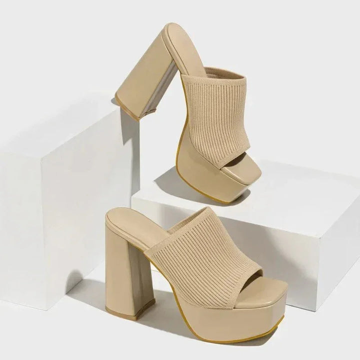 Women's Knit Platform Block Heel Sandals Spring Open Toe Slip-On Mules Chunky Heeled Slides