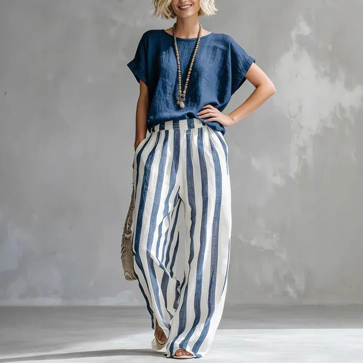 Women's Striped Set with Short-Sleeve Top and Wide-Leg Pants