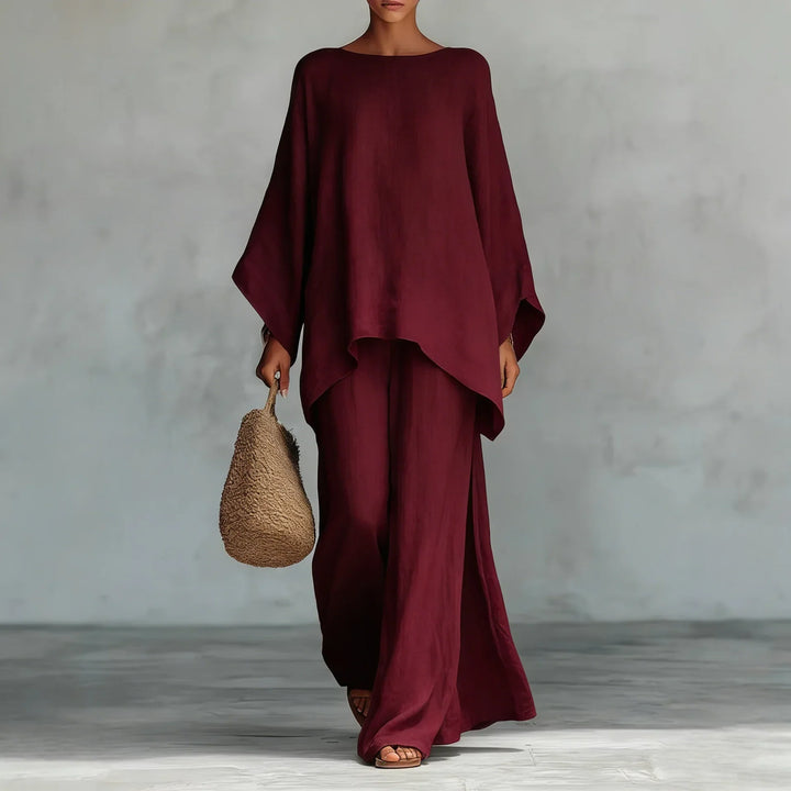 Women's Two-Piece Set with Asymmetrical Top and Wide-Leg Pants for Autumn