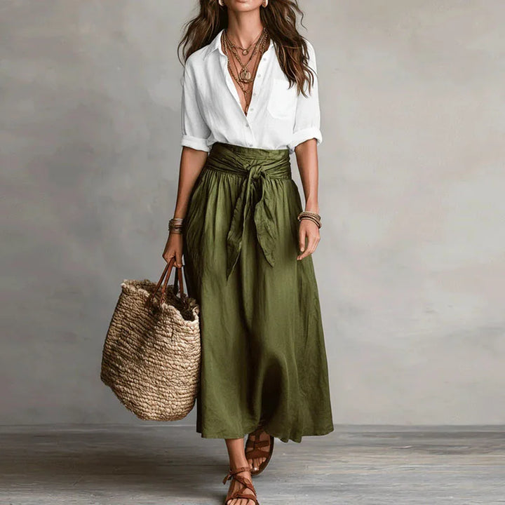Women's Two-Piece Blouse and Midi Skirt Set with High-Waisted Tie Waist for Autumn