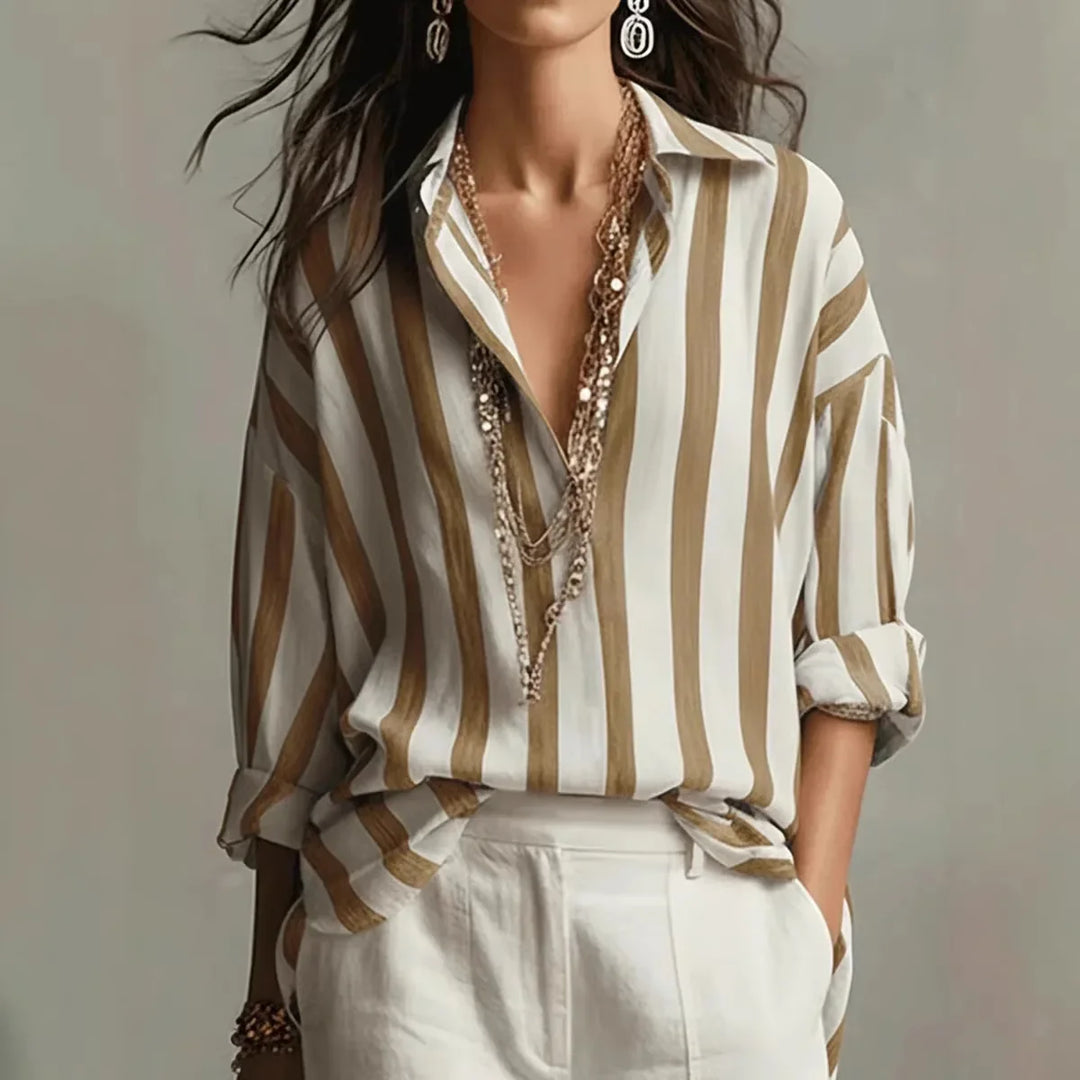 Women's Striped Blouse with Collar and Long Sleeves for Autumn Casual Wear