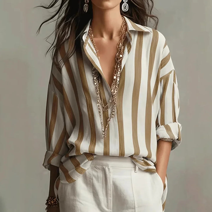 Women's Striped Blouse with Collar and Long Sleeves for Autumn Casual Wear