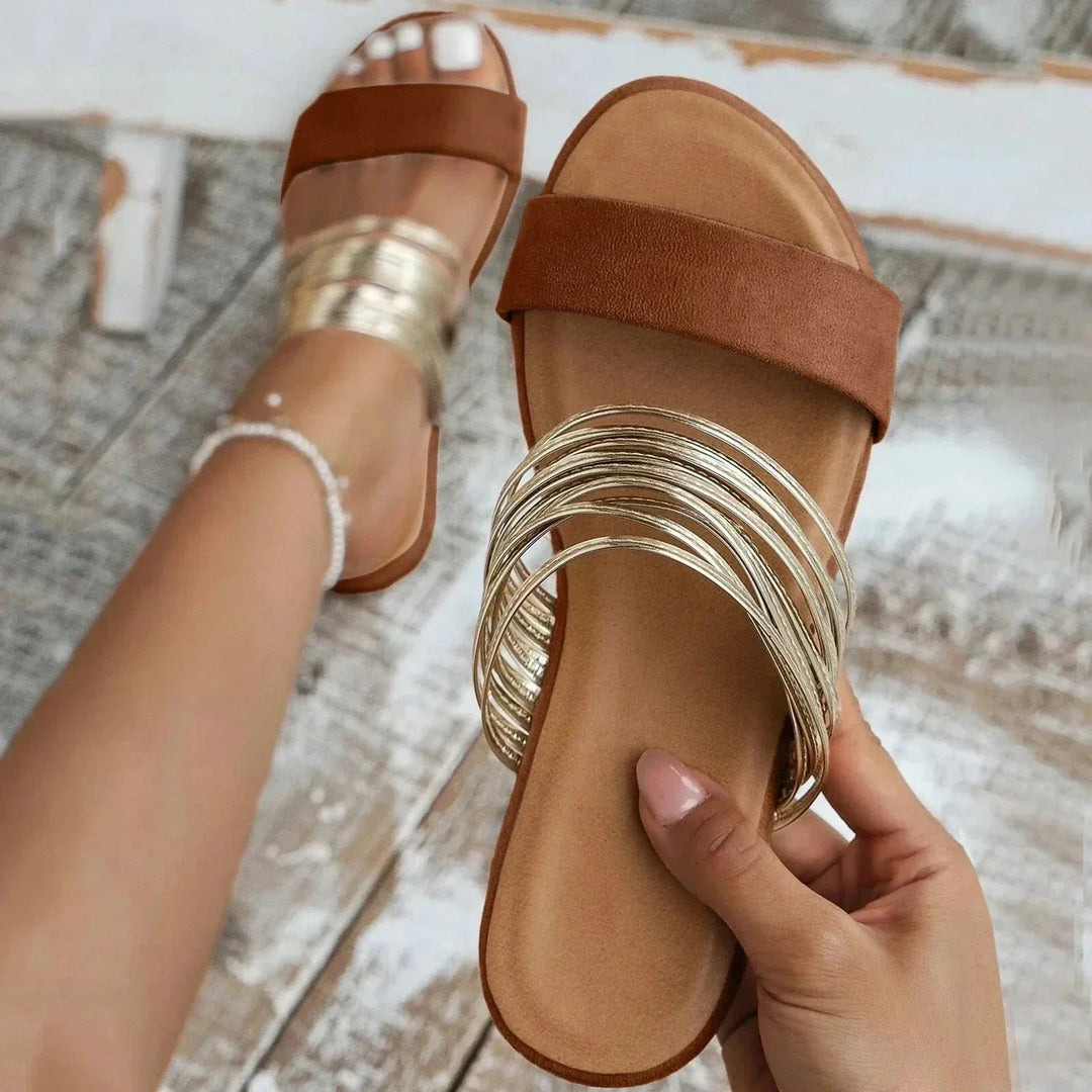Women's Flat Strappy Sandals with Metallic Details for Autumn Casual Wear