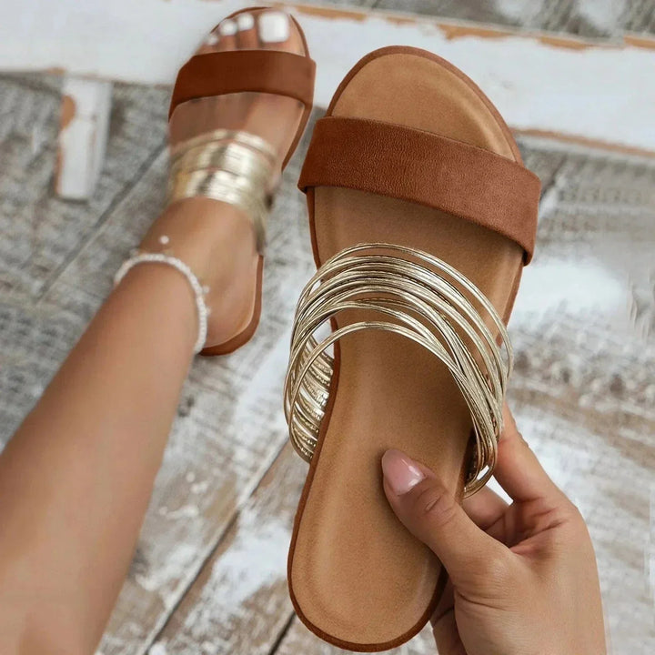 Women's Flat Strappy Sandals with Metallic Details for Autumn Casual Wear