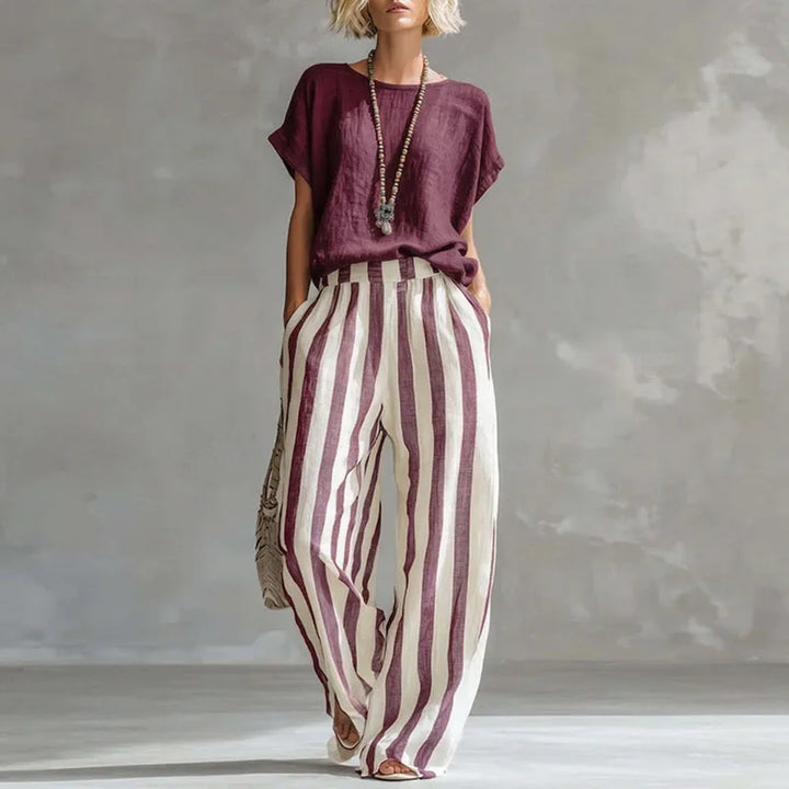 Women's Striped Set with Short-Sleeve Top and Wide-Leg Pants