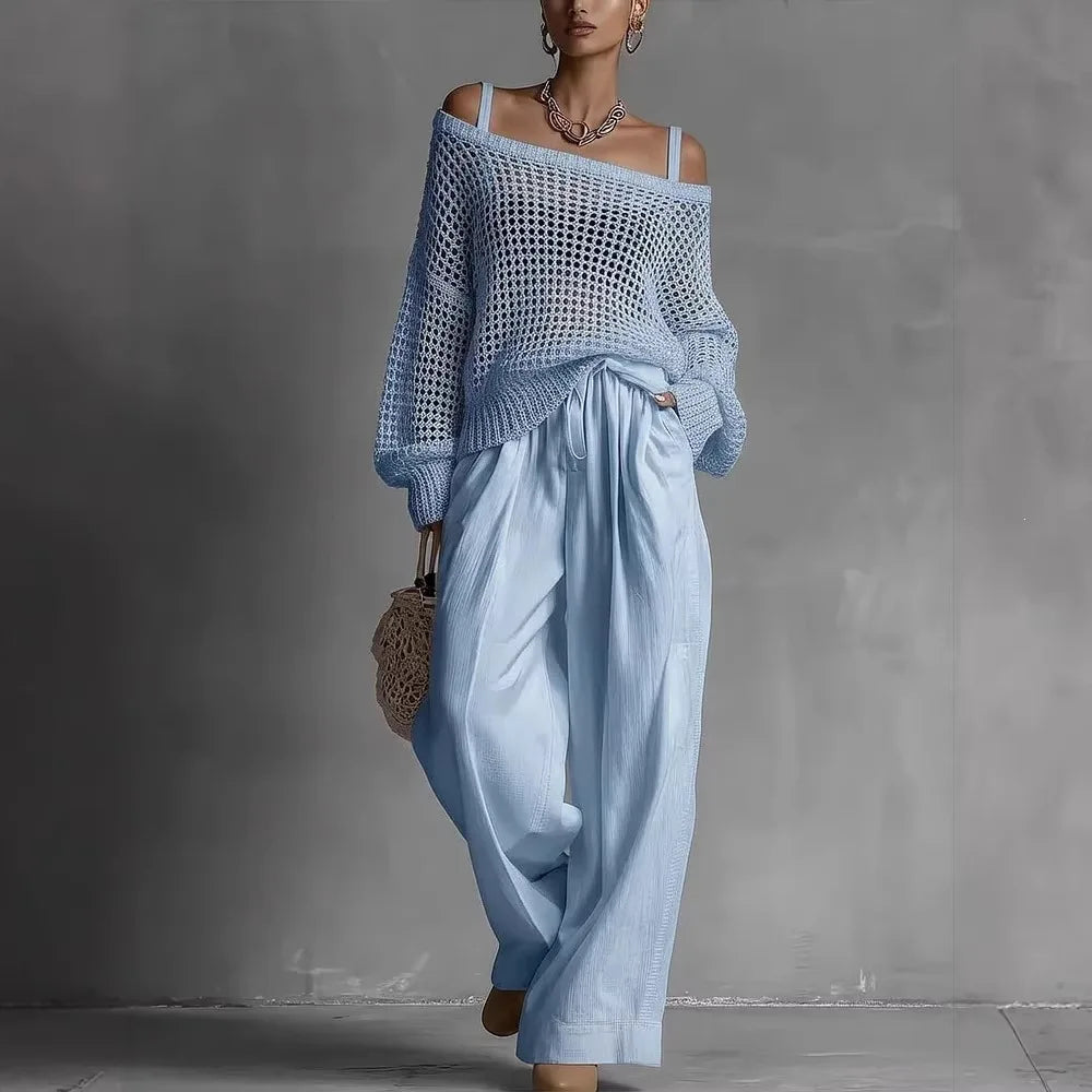 Women's Open Knit Two-Piece Set Spring Off Shoulder Sweater and Wide Leg Pants Outfit
