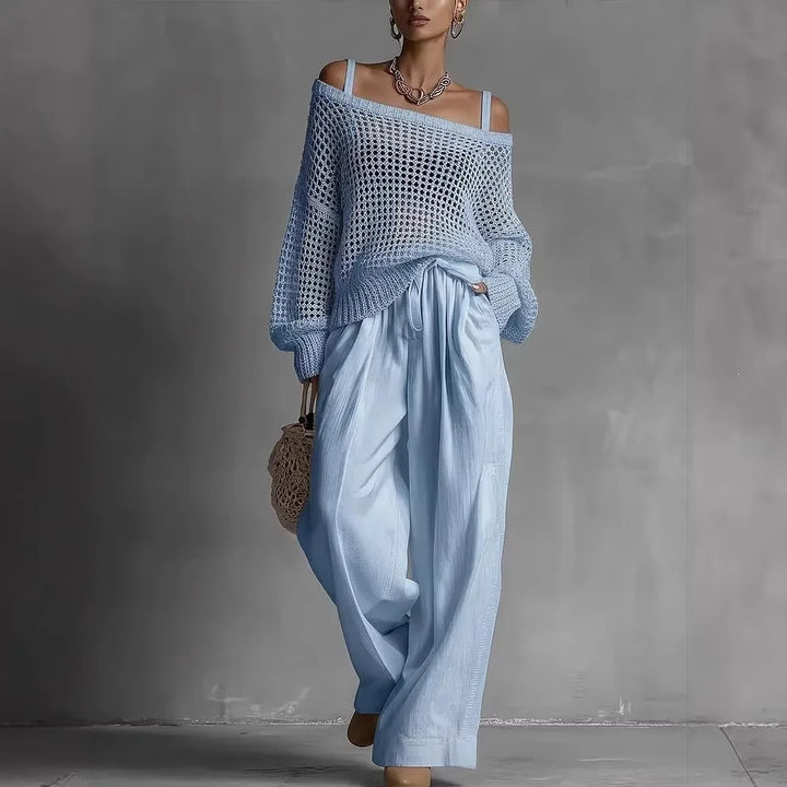 Women's Open Knit Two-Piece Set Spring Off Shoulder Sweater and Wide Leg Pants Outfit