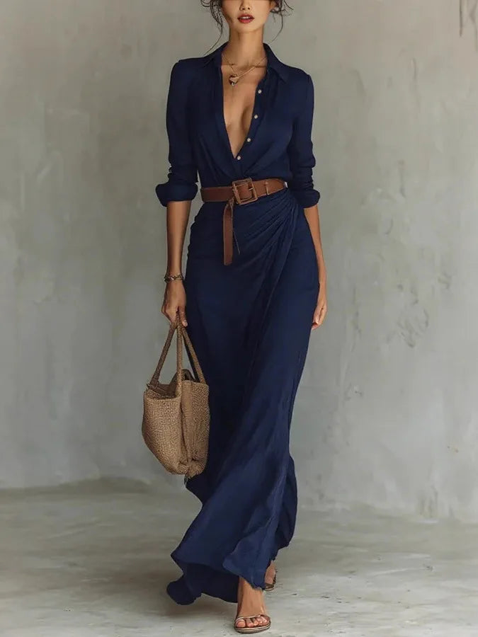 Women's Maxi Dress with V-Neck and Pleated Details for Elegant Autumn Style