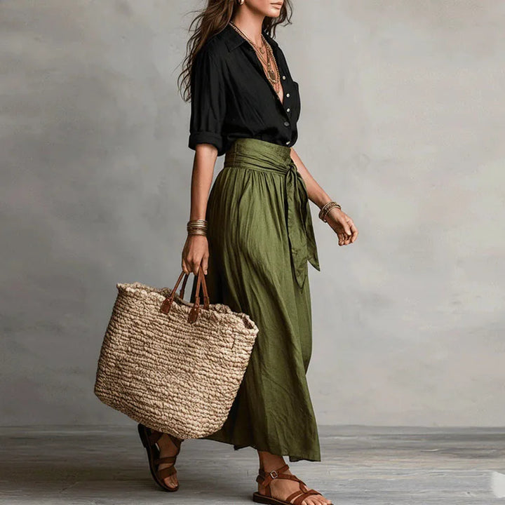 Women's Two-Piece Blouse and Midi Skirt Set with High-Waisted Tie Waist for Autumn