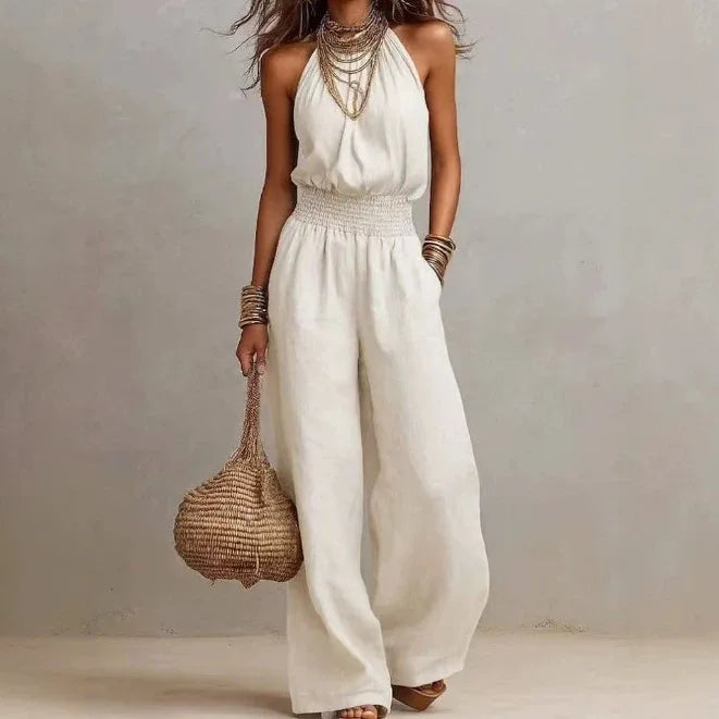 Women's Sleeveless Wide-Leg Jumpsuit with Halter Neck for Autumn Casual Wear