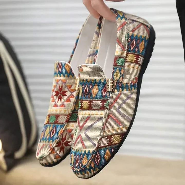 Men's Fabric Loafers Spring Slip-On Moccasins with Ethnic Print Casual Walking Shoes