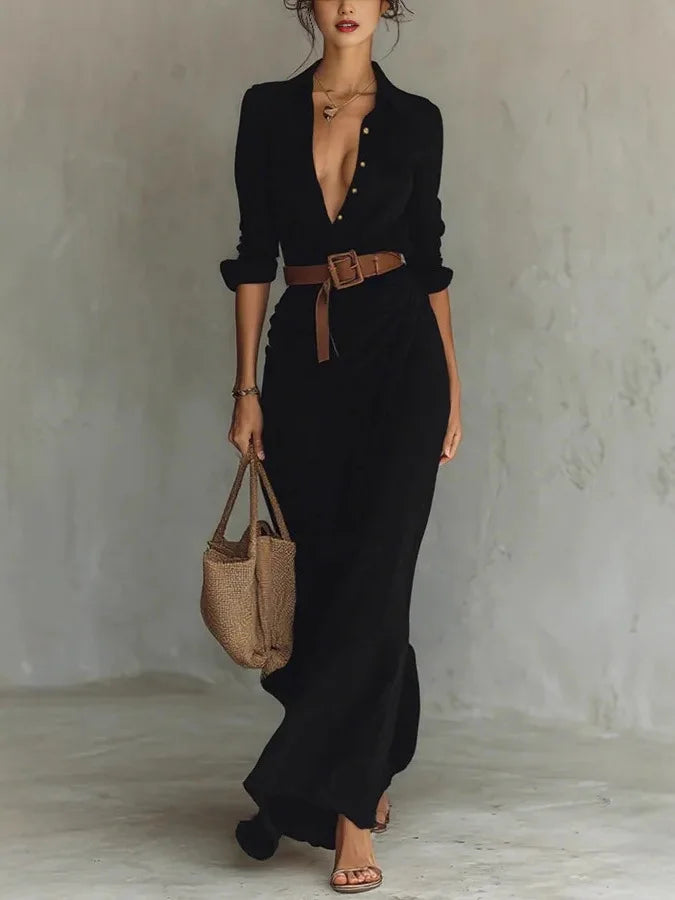 Women's Maxi Dress with V-Neck and Pleated Details for Elegant Autumn Style