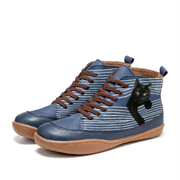 Women's Synthetic Leather Cat Print Ankle Boots Autumn Casual Shoes