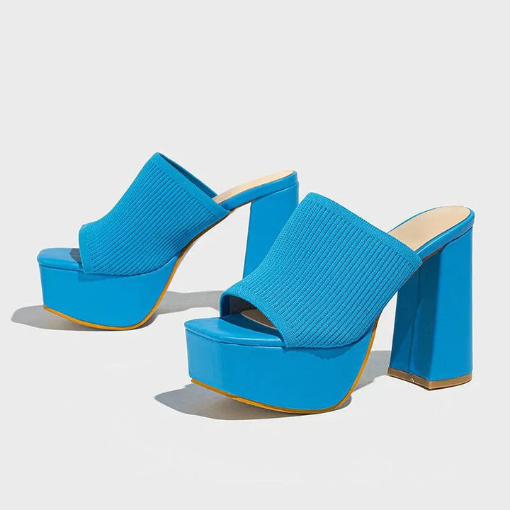 Women's Knit Platform Block Heel Sandals Spring Open Toe Slip-On Mules Chunky Heeled Slides