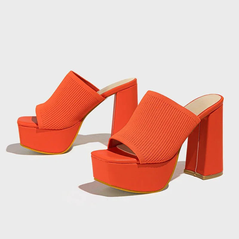 Women's Knit Platform Block Heel Sandals Spring Open Toe Slip-On Mules Chunky Heeled Slides
