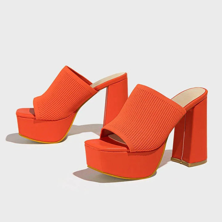 Women's Knit Platform Block Heel Sandals Spring Open Toe Slip-On Mules Chunky Heeled Slides