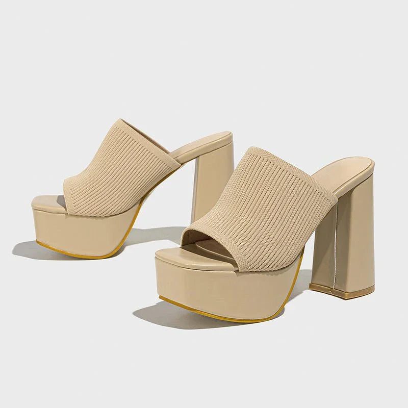 Women's Knit Platform Block Heel Sandals Spring Open Toe Slip-On Mules Chunky Heeled Slides