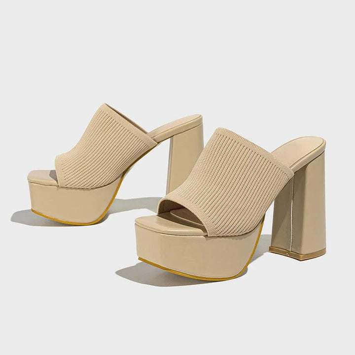 Women's Knit Platform Block Heel Sandals Spring Open Toe Slip-On Mules Chunky Heeled Slides