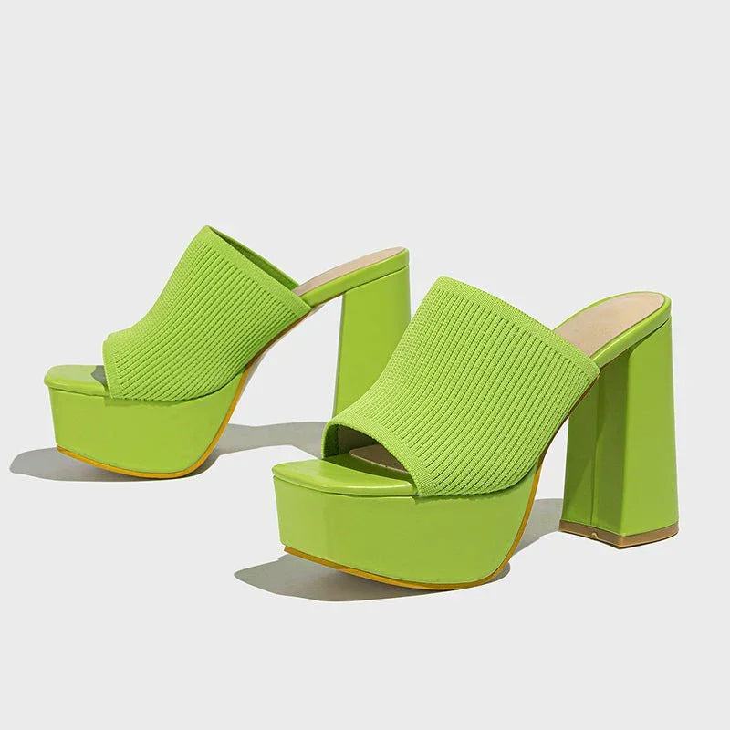 Women's Knit Platform Block Heel Sandals Spring Open Toe Slip-On Mules Chunky Heeled Slides