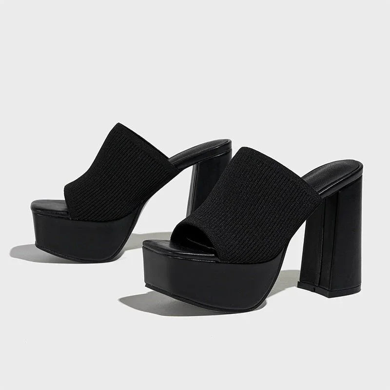 Women's Knit Platform Block Heel Sandals Spring Open Toe Slip-On Mules Chunky Heeled Slides
