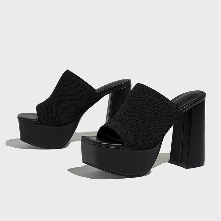 Women's Knit Platform Block Heel Sandals Spring Open Toe Slip-On Mules Chunky Heeled Slides