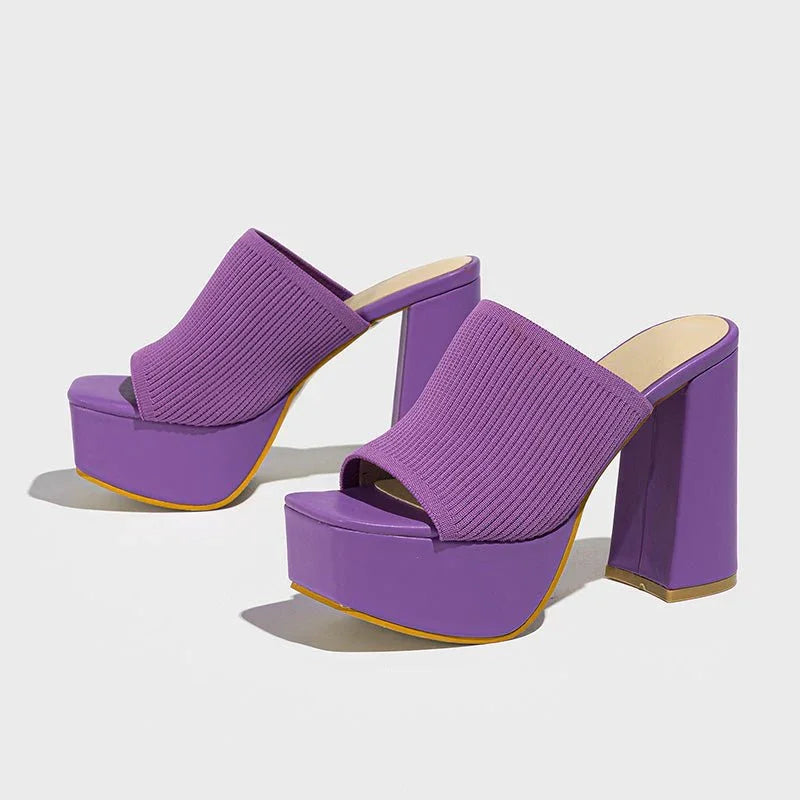 Women's Knit Platform Block Heel Sandals Spring Open Toe Slip-On Mules Chunky Heeled Slides