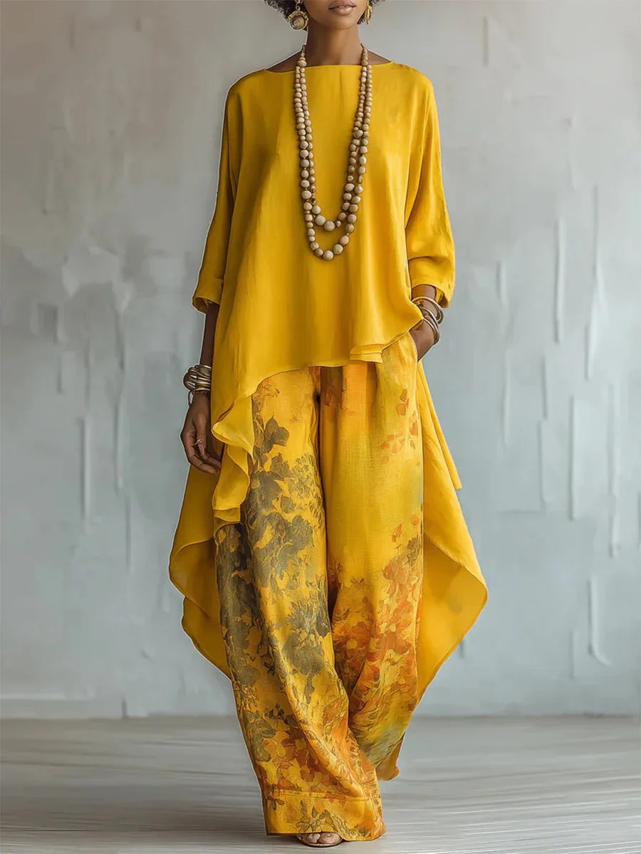 Women's Printed Set with an Asymmetric Top and Wide-Leg Pants