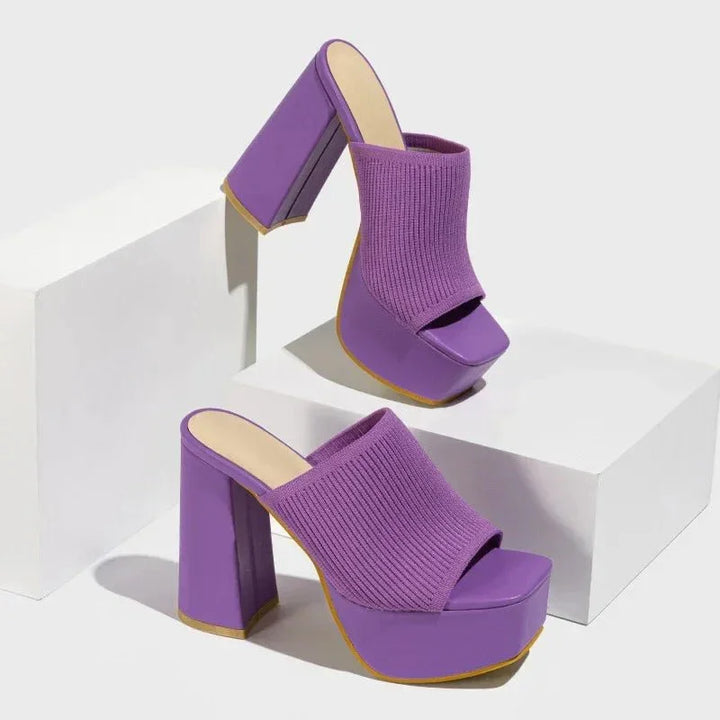 Women's Knit Platform Block Heel Sandals Spring Open Toe Slip-On Mules Chunky Heeled Slides