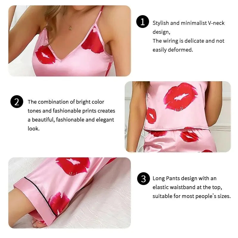 Rhea - Luxury Satin Pyjamas Set with Lip Print for Women