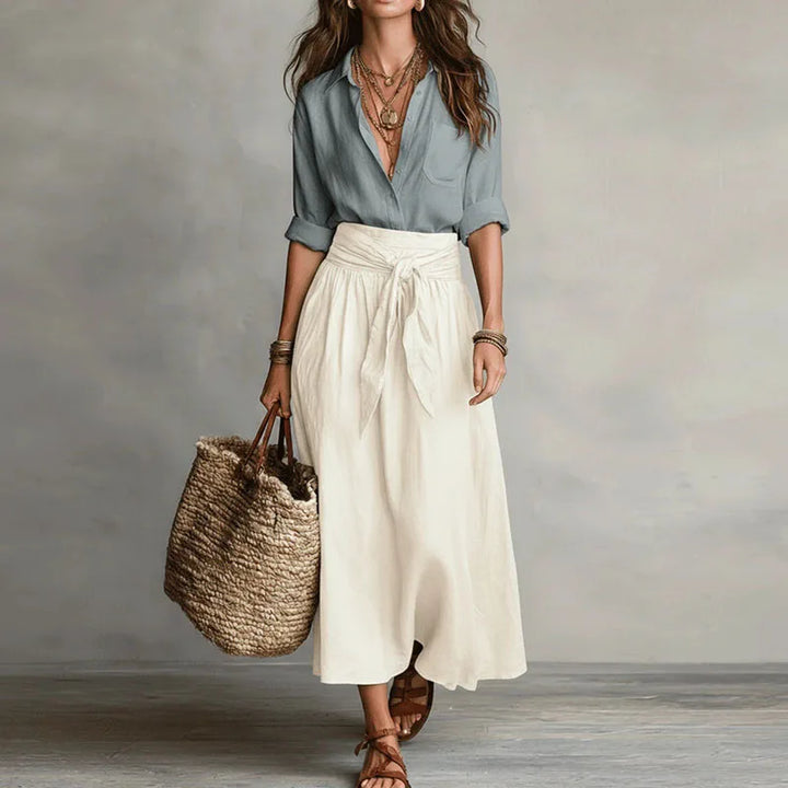 Women's Two-Piece Blouse and Midi Skirt Set with High-Waisted Tie Waist for Autumn