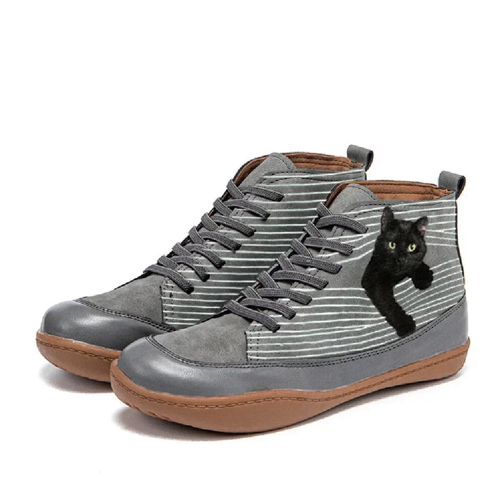 Women's Synthetic Leather Cat Print Ankle Boots Autumn Casual Shoes