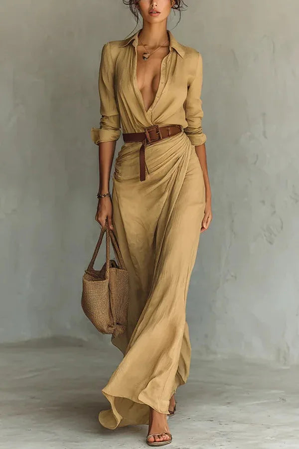 Women's Maxi Dress with V-Neck and Pleated Details for Elegant Autumn Style