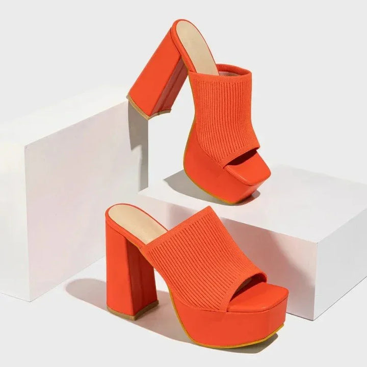 Women's Knit Platform Block Heel Sandals Spring Open Toe Slip-On Mules Chunky Heeled Slides