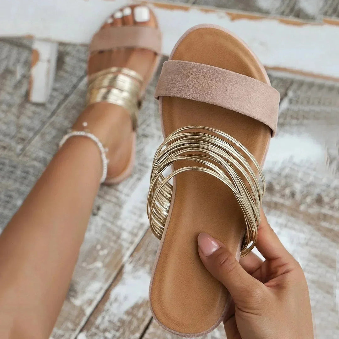 Women's Flat Strappy Sandals with Metallic Details for Autumn Casual Wear