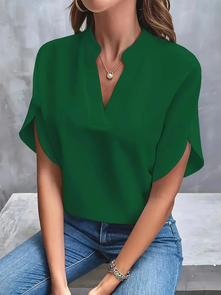 Women's Cotton V-Neck Blouse with Short Sleeves for Autumn Casual Wear