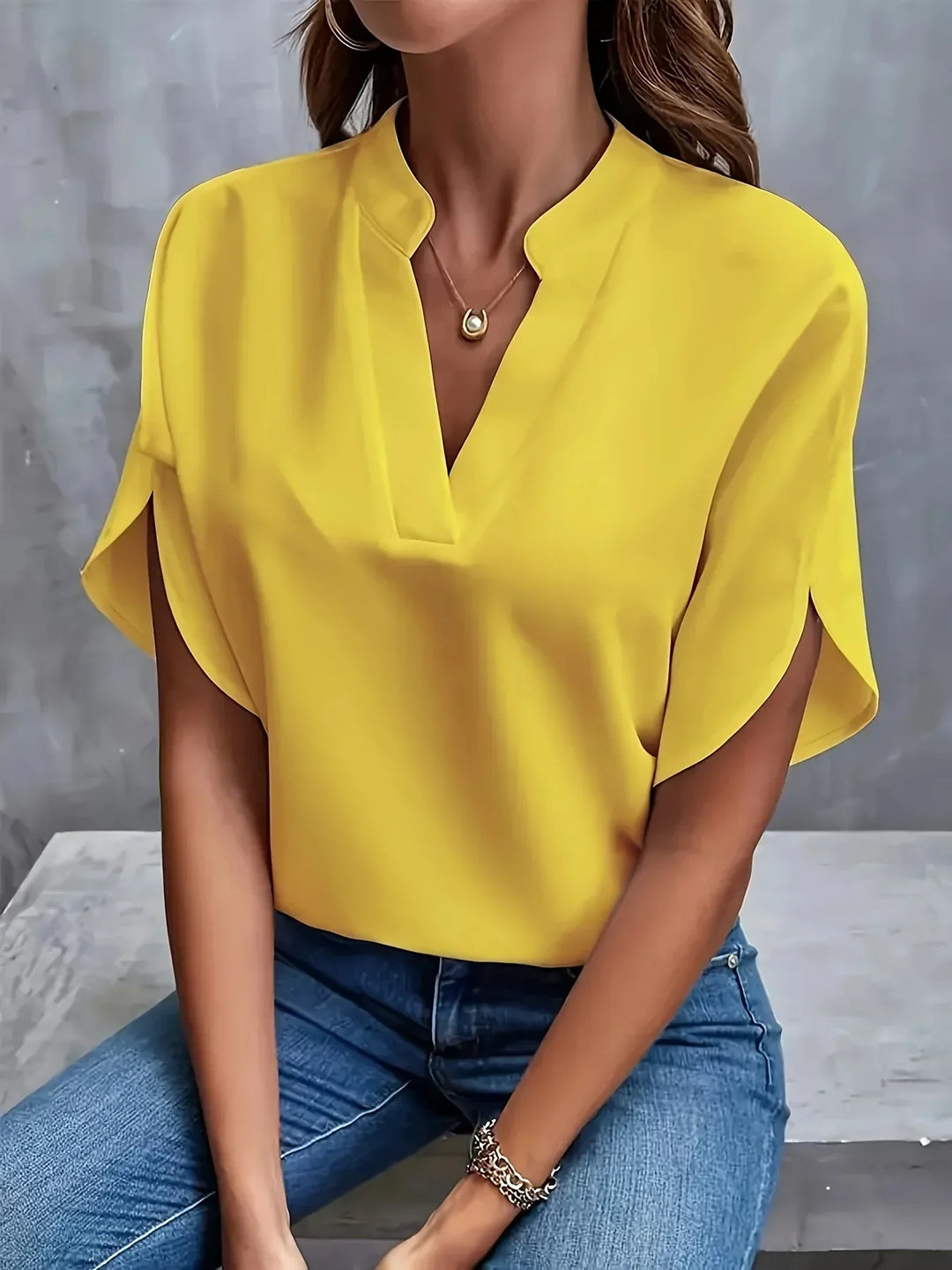 Women's Cotton V-Neck Blouse with Short Sleeves for Autumn Casual Wear