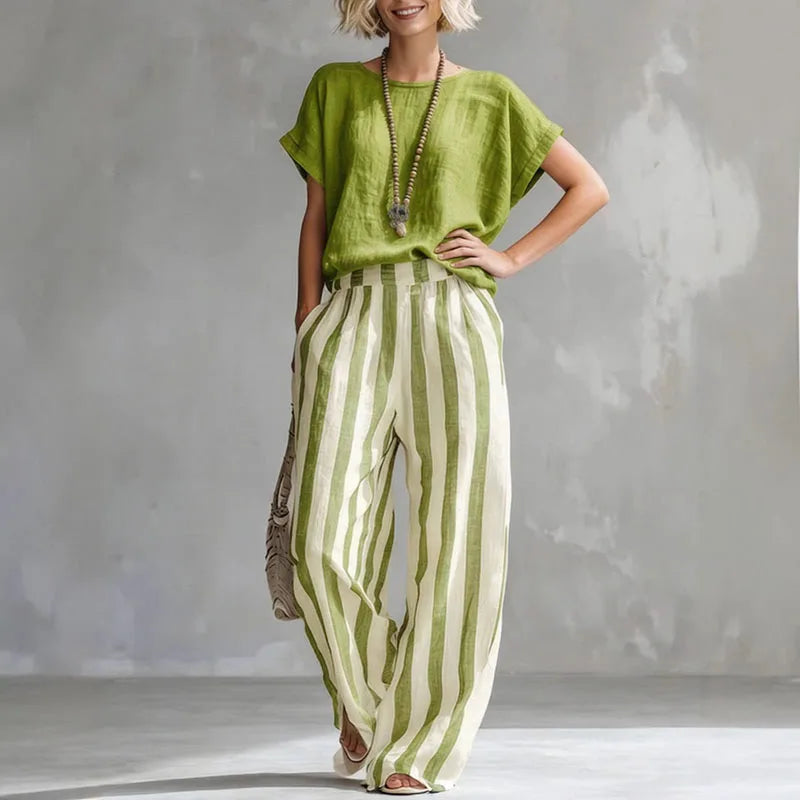 Women's Striped Set with Short-Sleeve Top and Wide-Leg Pants