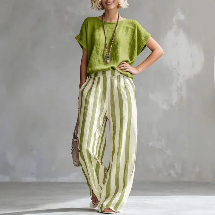 Women's Striped Set with Short-Sleeve Top and Wide-Leg Pants