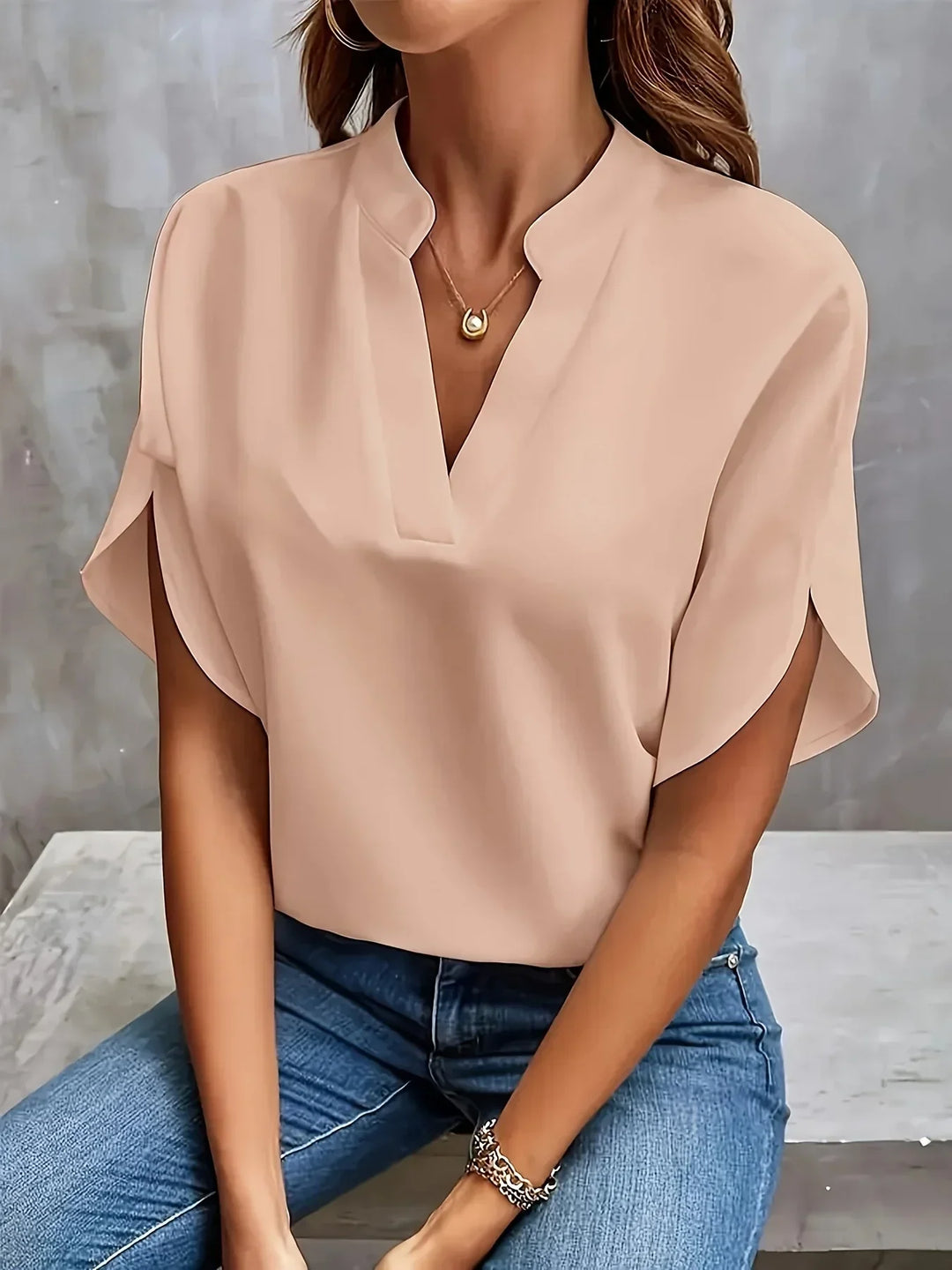 Women's Cotton V-Neck Blouse with Short Sleeves for Autumn Casual Wear