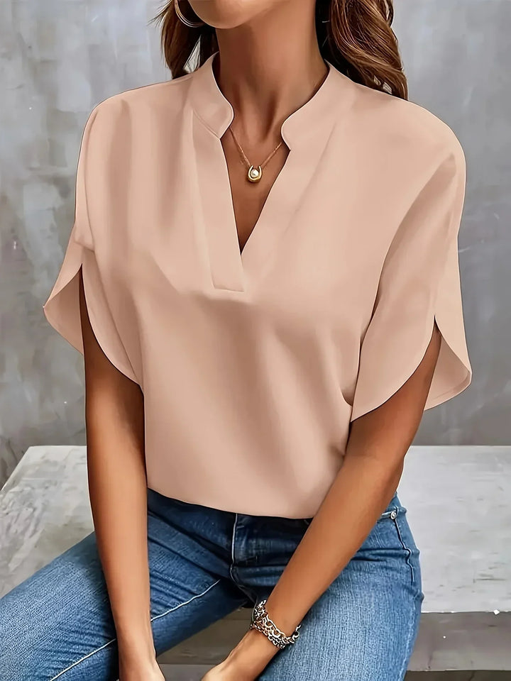 Women's Cotton V-Neck Blouse with Short Sleeves for Autumn Casual Wear