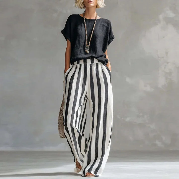 Women's Striped Set with Short-Sleeve Top and Wide-Leg Pants