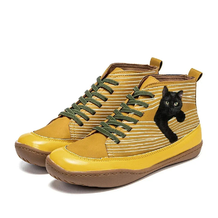 Women's Synthetic Leather Cat Print Ankle Boots Autumn Casual Shoes