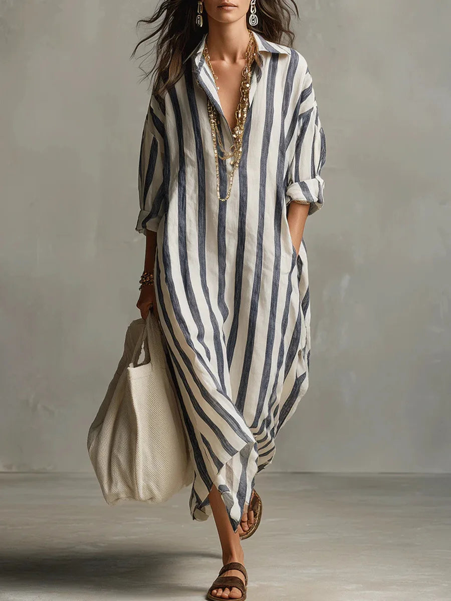 Women's Striped Long Shirt Dress Cotton Autumn Casual Outfit