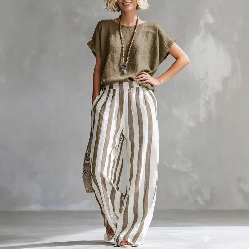 Women's Striped Set with Short-Sleeve Top and Wide-Leg Pants