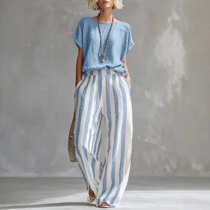 Women's Striped Set with Short-Sleeve Top and Wide-Leg Pants