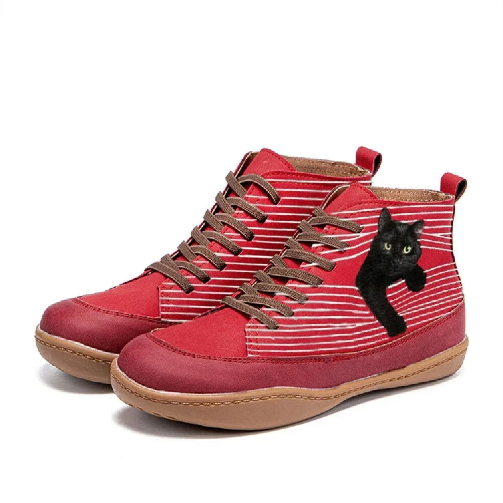 Women's Synthetic Leather Cat Print Ankle Boots Autumn Casual Shoes